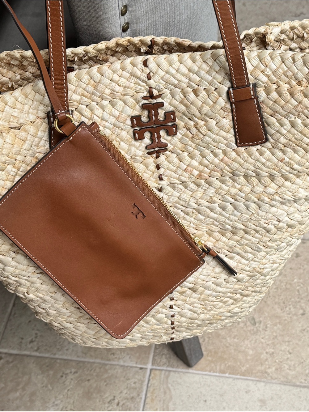 Tory Burch McGraw Straw Shopper Tote Natural Woven Raffia Leather Pouch Dustbag - Picture 16 of 16